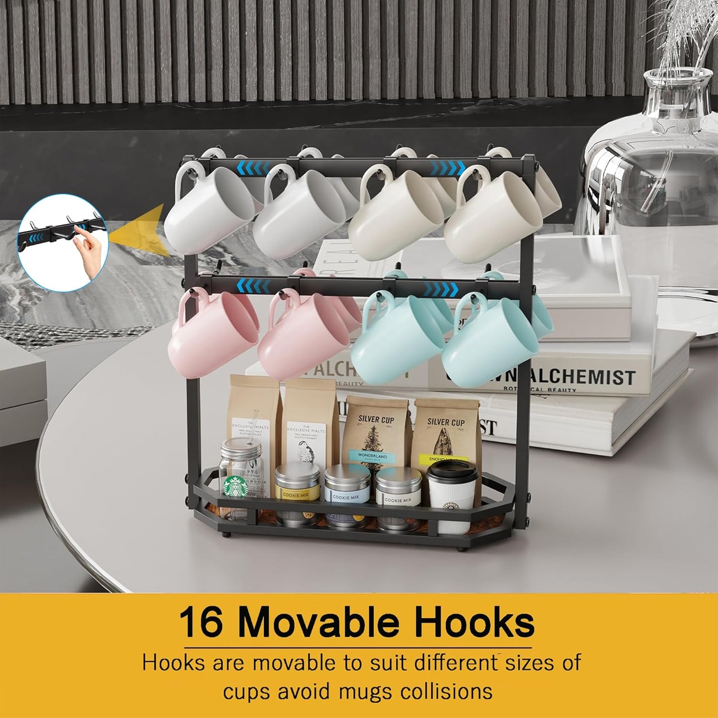 Coffee Mug Holder with Movable Hooks,16 Capacity Coffee Cup Holder for Countertop, Metal Mug Tree Holder Rack with Storage