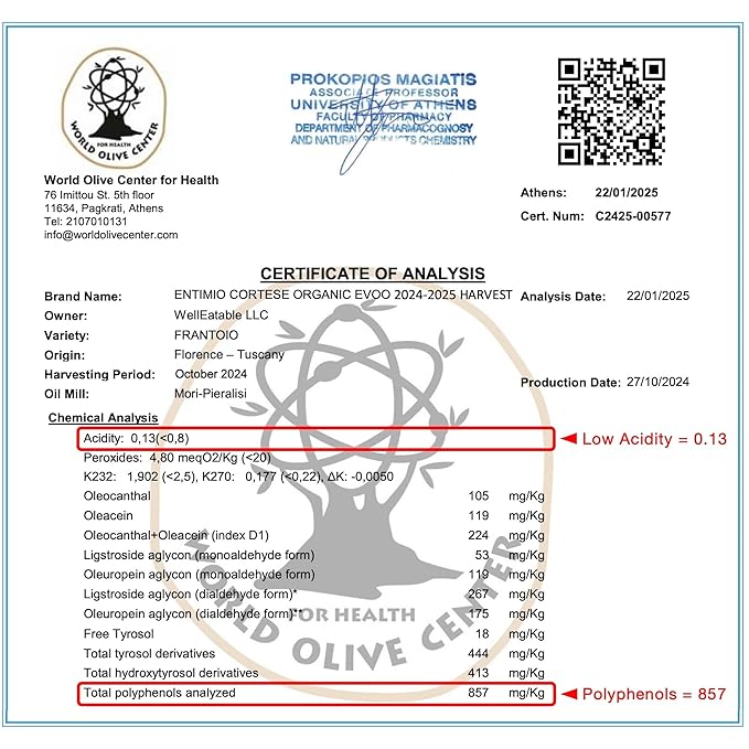 Entimio Cortese Organic Italian Extra Virgin Olive Oil from Italy, 700+ mg/kg High in Polyphenols, 2025 Gold Winner, Tuscany Early Harvest evoo, Cold Extracted, Lab Tested - 16.9 fl oz