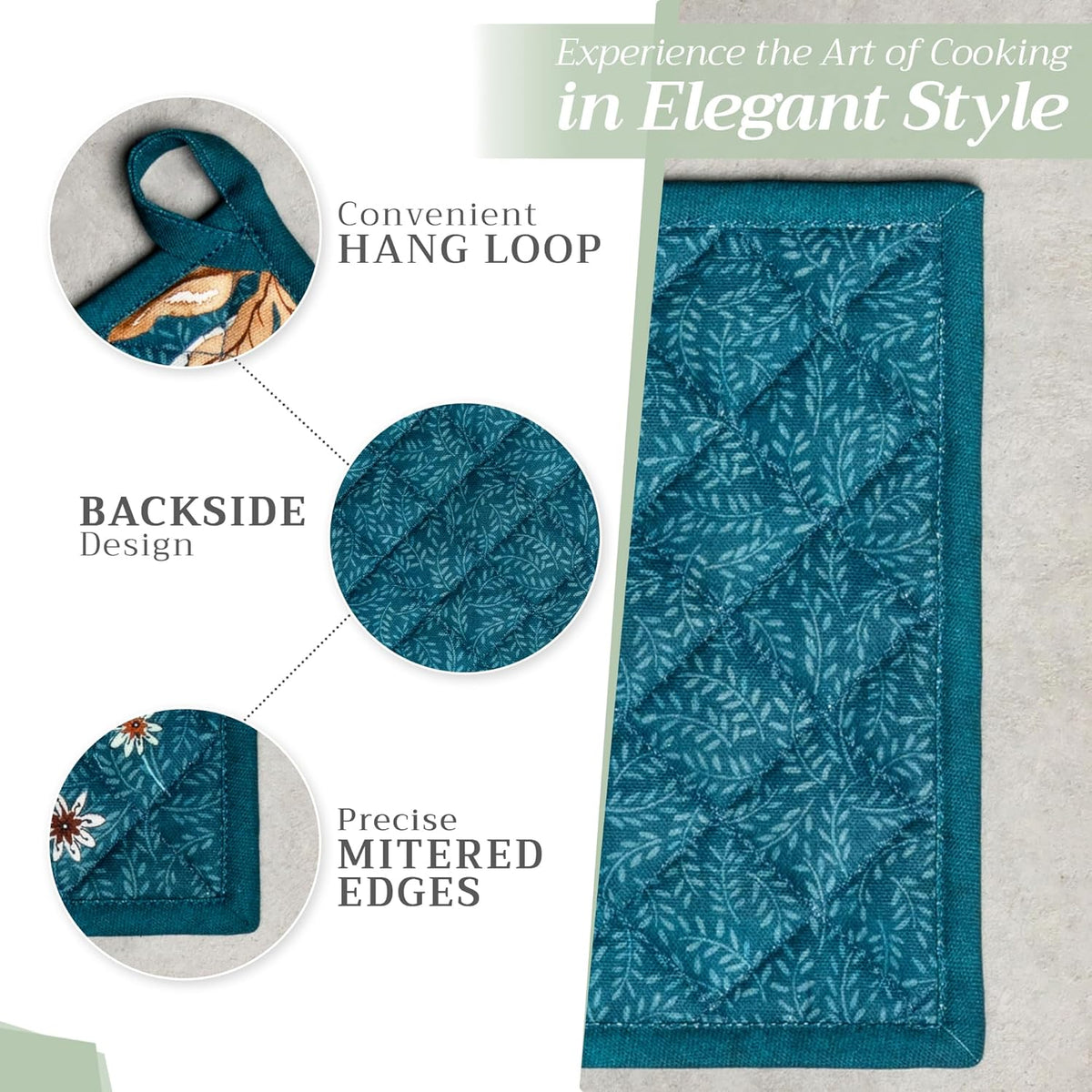 Maison d' Hermine Pot Holders Set 100% Cotton Heat Resistant Potholders 8" x 8" Hot Pads with Loop BBQ, Cooking, Baking, Grilling, Kitchen, Handling Hot Pans (Pack of 2, Luxury Loft-Dark Teal)