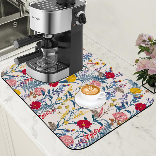 Botanical Dish Drying Mat Spring Flowers Coffee Bar Mat for Countertop Absorbent Rubber Backed Hide Stain Dish Drainer Rack