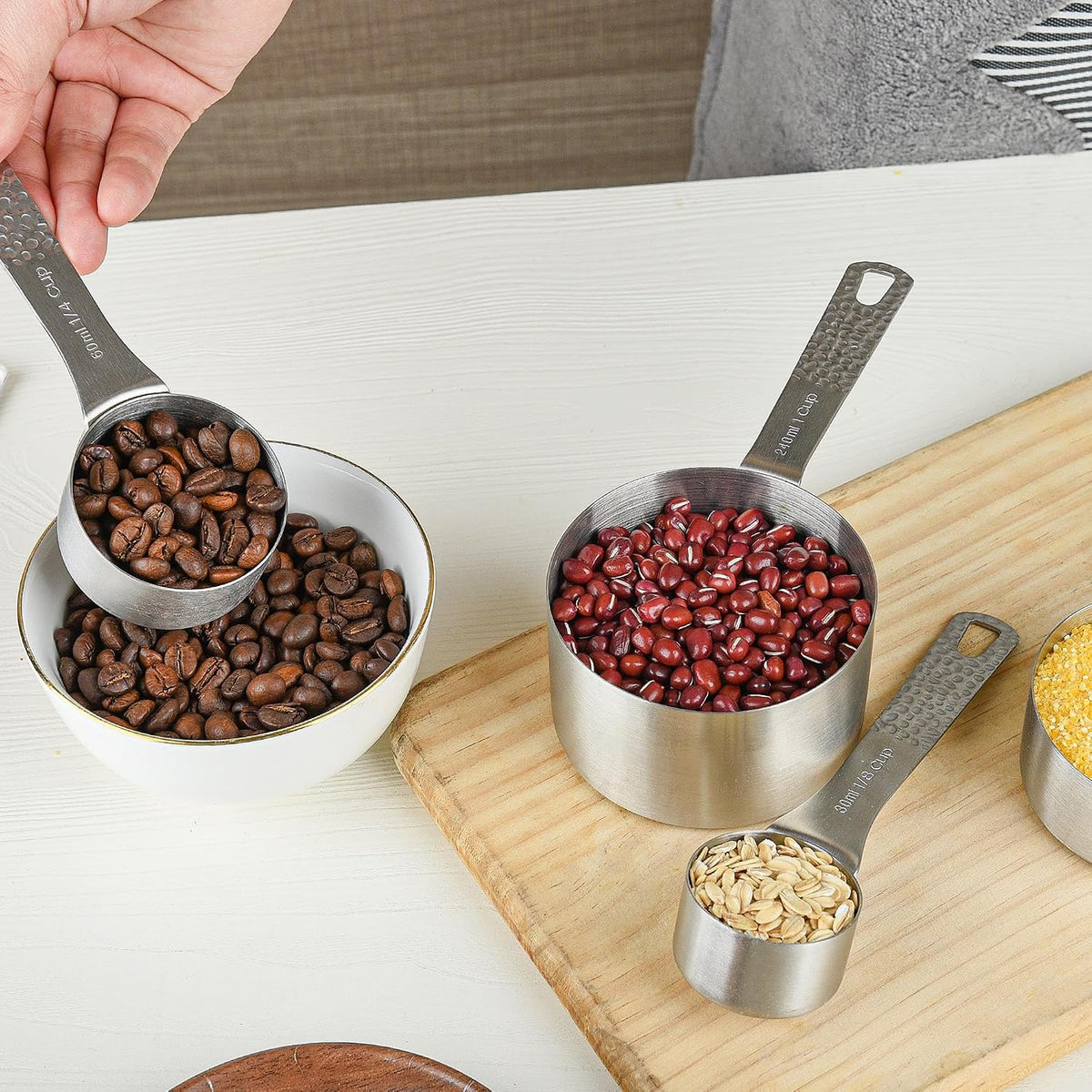 18/8 Stainless Steel Measuring Cups and Spoons Set 10 for Baking &amp; Kitchen, Metric &amp; US Metal 4 Measuring Cups and 5 Measuring Spoons with 1 Leveler