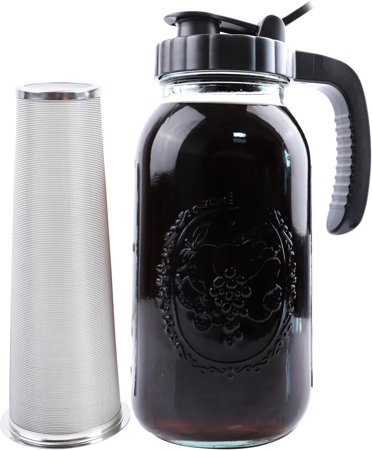 Cold Brew Coffee Maker Pitcher 2 Quart Glass Mason Jar With Spout Lid Filter Half Gallon Wide Mouth Iced Tea Brewing Jug Heavy Duty Handle Airtight &amp; Leak-Proof Pitcher For Fridge Sun Tea 64 OZ