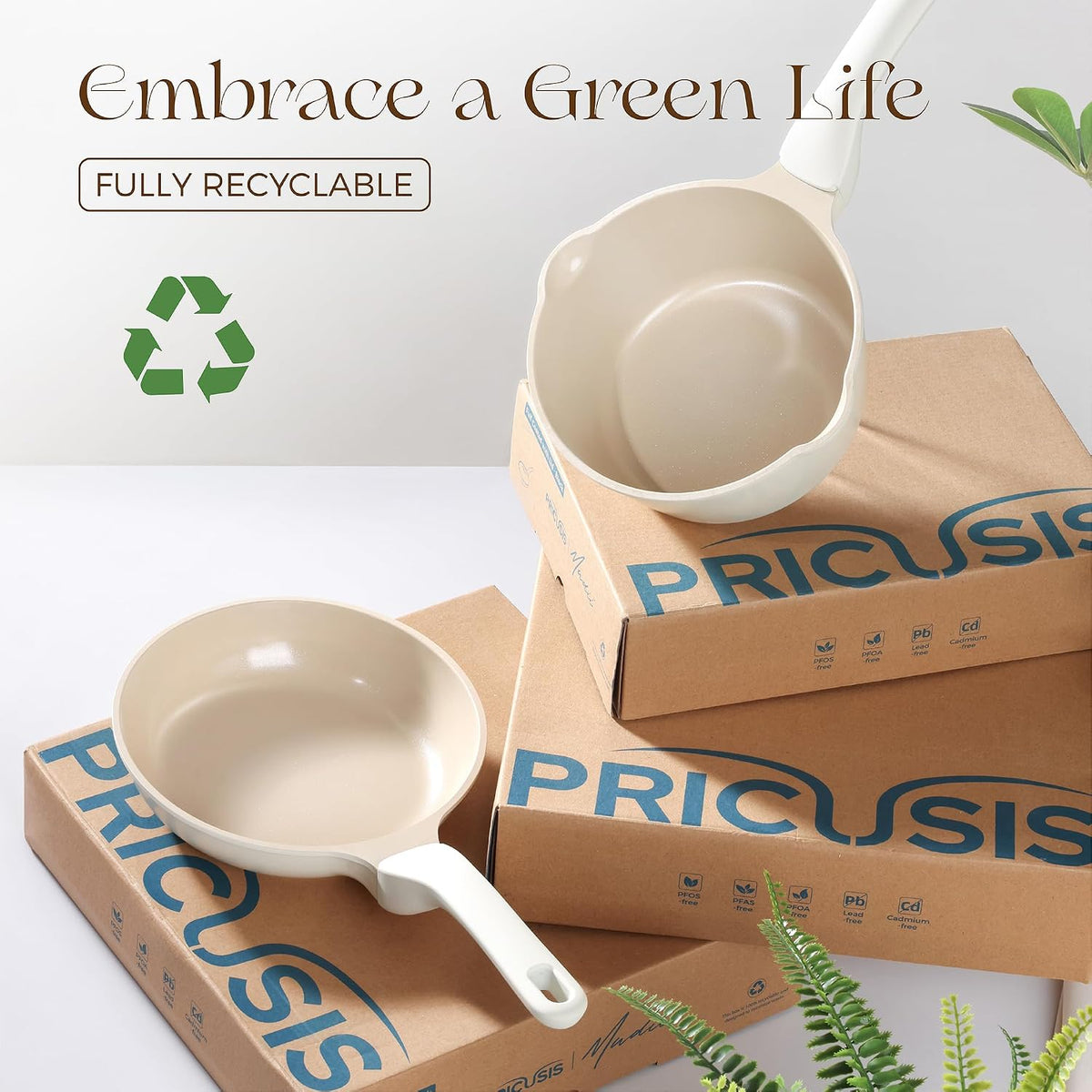 PRICUSIS Ceramic Nonstick Saucepan with Lid, 2.7 Quart Non Toxic Pot with Pour Spouts, Full Coated, 100% Dishwasher Safe, Induction Compatible & Oven Safe, PTFE PFAS & PFOA Free, Coconut White