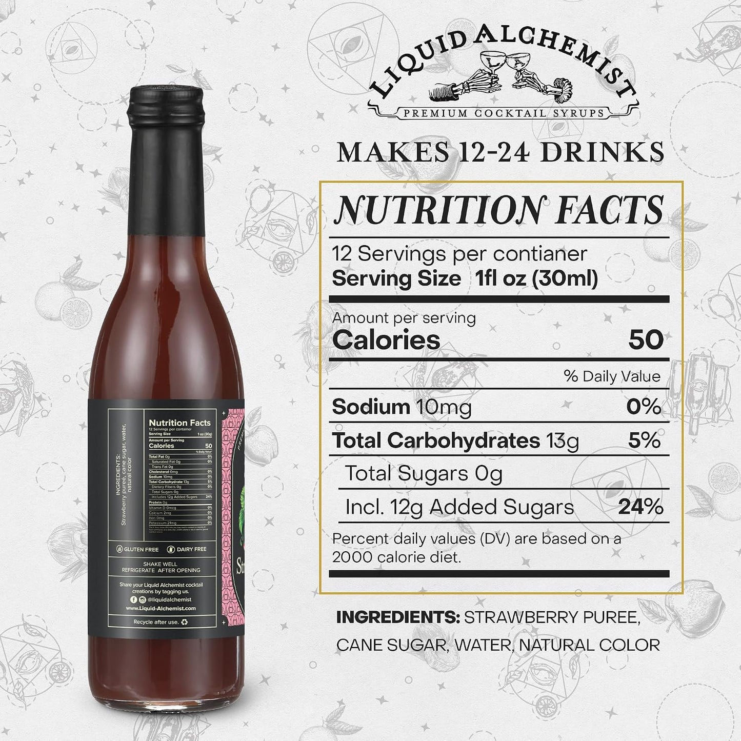 Liquid Alchemist Strawberry Syrup for Cocktails | Real Ingredients Make our Strawberry Puree for Drinks a Perfect Margarita Mix | Small Batch, Non-GMO &amp; Dairy Free | 12.7 oz Drink Mixer, Pack of 1