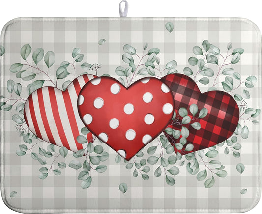 Valentines Day Dish Drying Mat Valentine Buffalo Plaid Eucalyptus Hearts Dishes Dryer Pad for Kitchen Countertops Microfiber