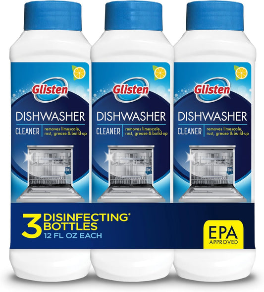 Glisten Dishwasher Cleaner – Removes Limescale, Rust & Grease, Lemon Scent, Made in USA, 12 oz, 3-Pack