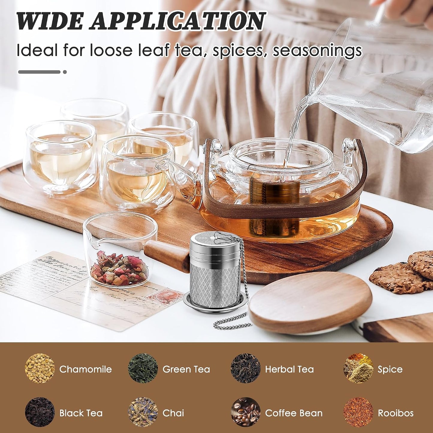 Yoassi Tea Infusers for Loose Tea, Extra Fine Mesh Tea Strainers, 18/8 Stainless Steel Loose Leaf Tea Steeper Tea Diffusers with Extended Chain Hook and Drip Tray 1 Pack