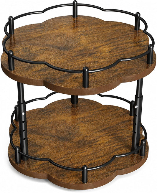 Lazy Susan Spice Rack Organization for Cabinet - 2 Tier Adjustable Height Lazy Turntable Spice Organizer for Kitchen Countertop & Pantry, Wood 10 Inch Seasoning Storage, Black