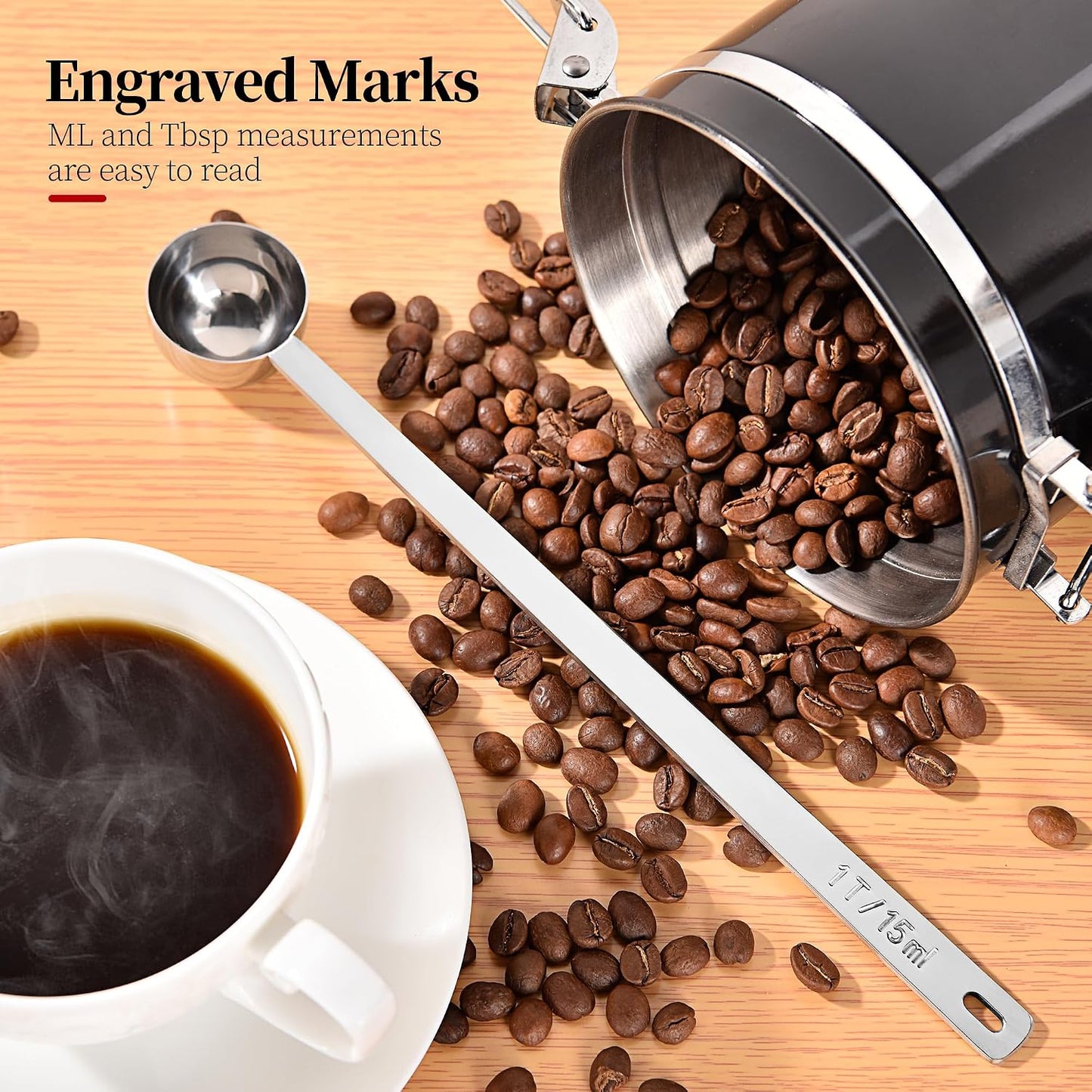Long Handle Coffee Scoop, 18/8 Stainless Steel Food Grade Measuring Spoon for Coffee Beans Powders Sugar, 9.9in Long Metal Scoop Tablespoon for Easy Container Reach (1tbsp/ 15ml)