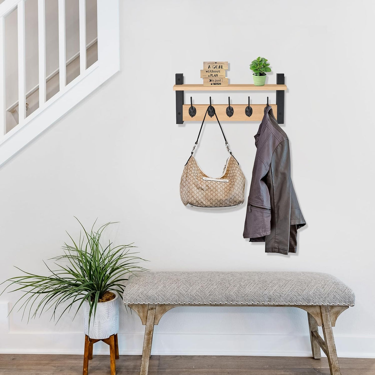 Sorbus Coat Rack Wall Mount with Shelf (Maple Wood