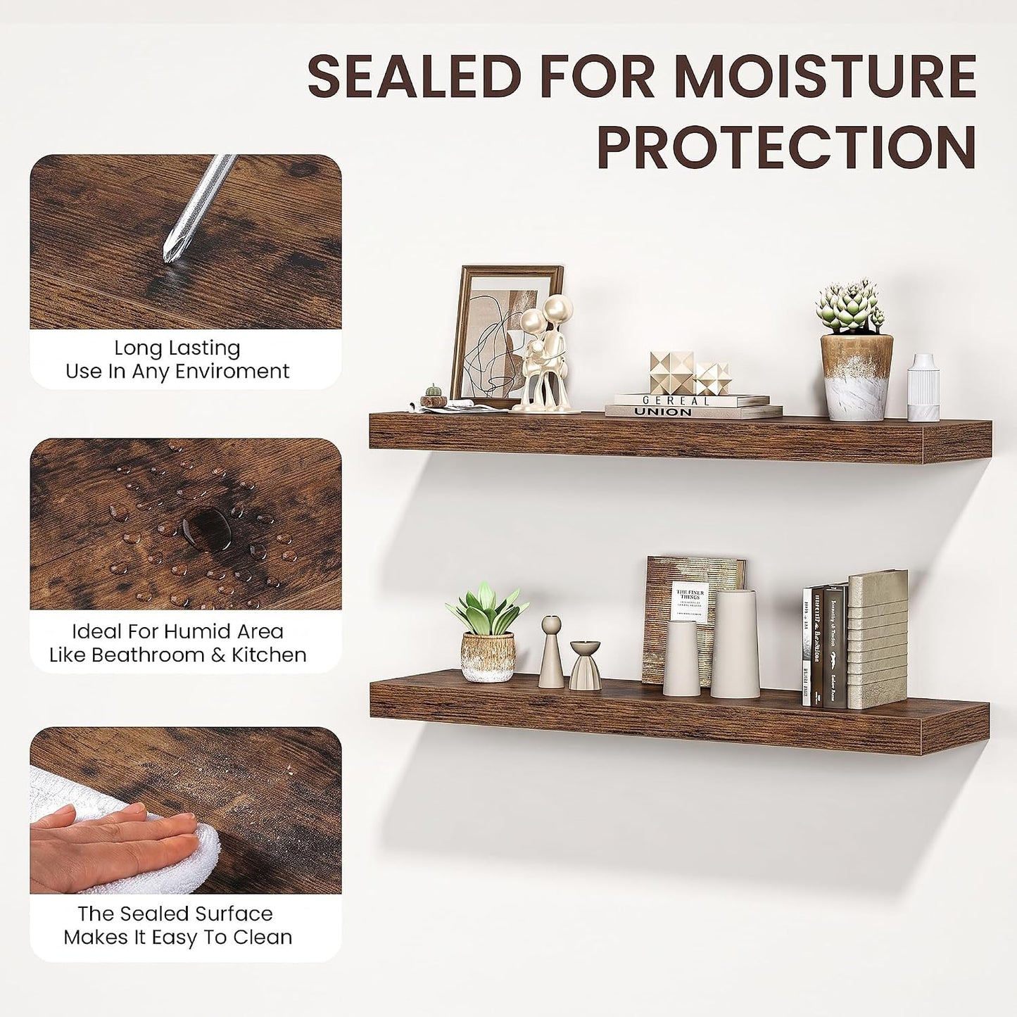 40" Floating Shelves for Wall, Wooden Wall Mounted Shelf, Set of 2, Brown