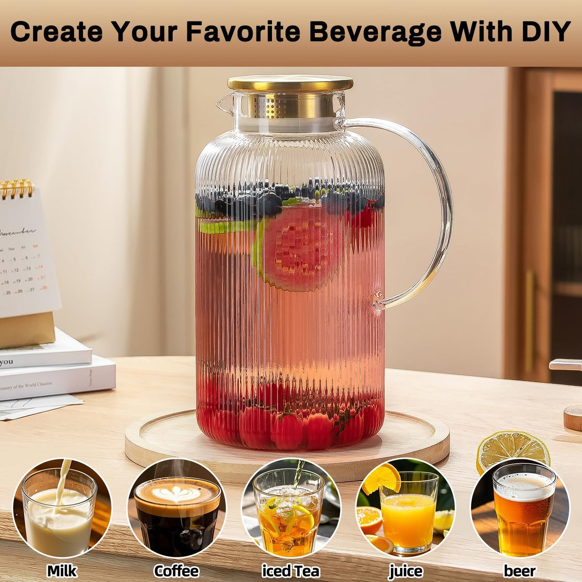 Buaic 2 PACK Glass Pitcher with Lid, 100 oz/ 3L Glass Water Pitcher | Classic Vertical Stripes Glass Water Jug with Handle,Glass Water Pitcher for Cold Brew, Coffee,Iced Sun Tea,Beverage,Cold/Hot