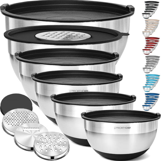 Priority Chef 6Pc Large Mixing Bowls With Lids Set with Non-Slip Bases, Stainless Steel Mixing Bowl Set, 6 Airtight Lids and