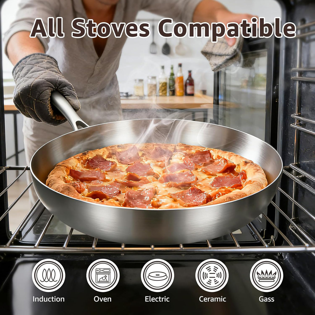 Inqibee 8.5-12 Inch Tri-Ply Stainless Steel Frying Pans Set with Lids,Skillets,Induction Cooking Pans,Pots and Pans Set,Dishwasher and Oven Safe,Detachable Handle