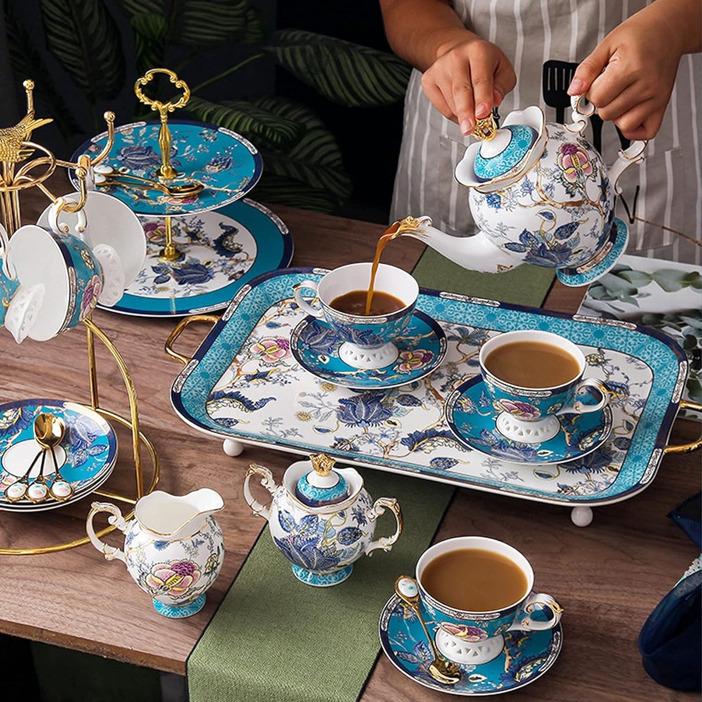ACMLIFE Bone China Tea Sets with Cake Stand 3 Tiers for 6 Adults, 21 Piece Vintage Tea Cup Set, Blue Floral Tea Sets for Women Tea Party or Gift Giving China/English Tea Cup Set