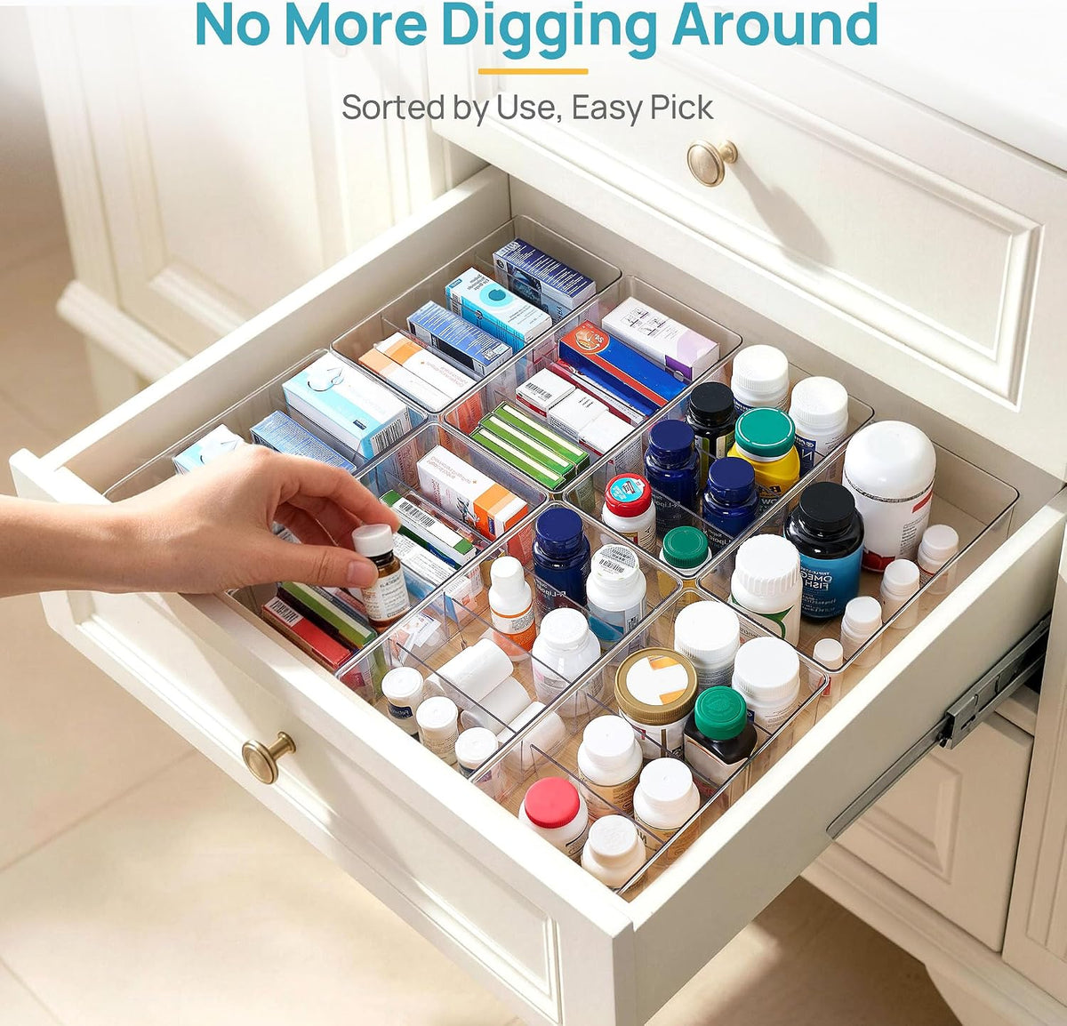 Vtopmart 4 Pack Food Storage Organizer Bins, Clear Plastic Bins for Pantry, Kitchen, Fridge, Cabinet Organization and Storage, 4 Compartment Holder Packets, Snacks, Pouches, Spice Packets