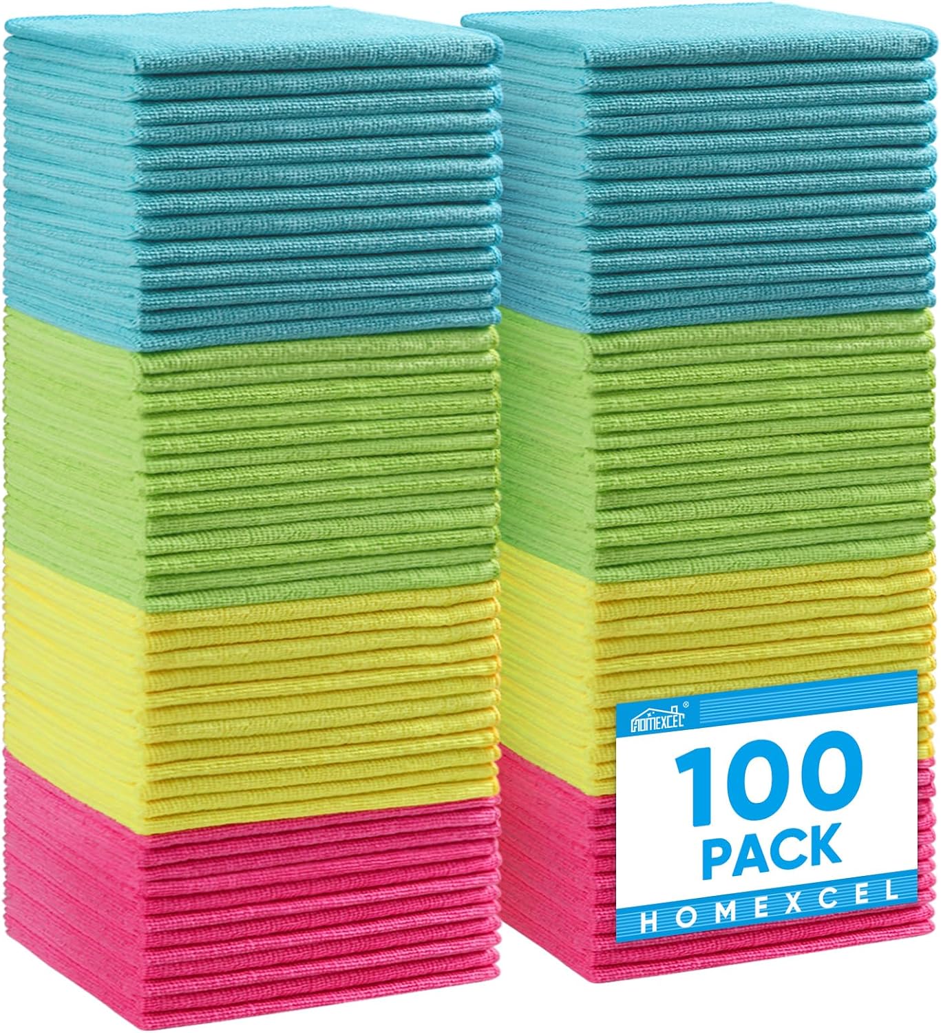HOMEXCEL Microfiber Cleaning Cloth,100 Pack Cleaning Rags, Cleaning Towels with 4 Color Assorted, 11