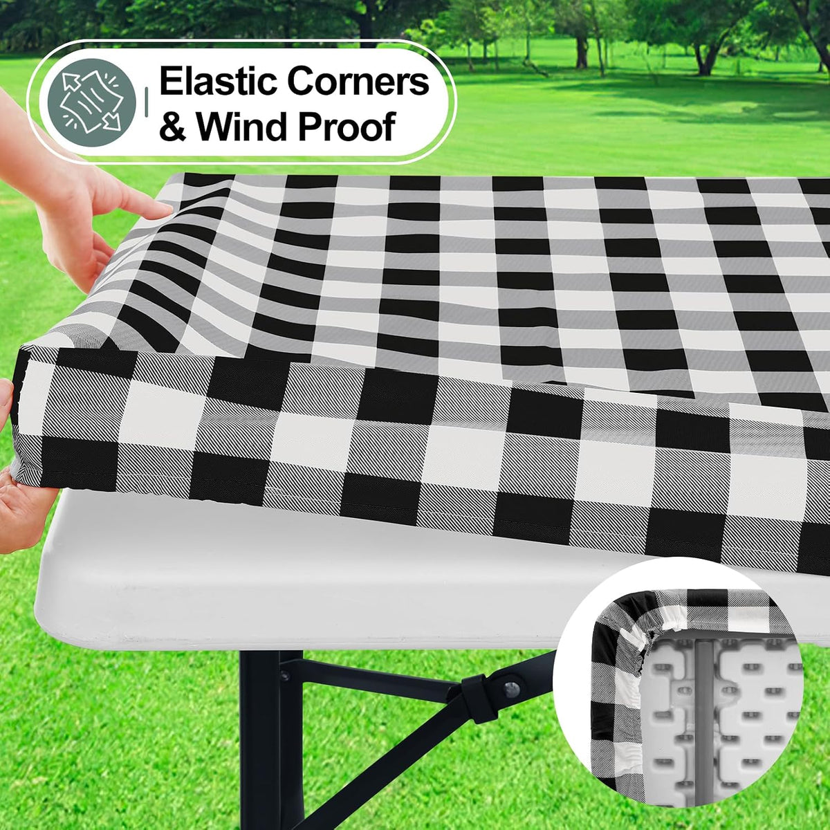 Buffalo Rectangle Picnic Tablecloth, 6 Foot Elastic Fitted Vinyl Table Cloth with Flannel Backing, Waterproof Plaid Table Covers for Dining, Camping, Outdoor (Black and White, 30" x 72")