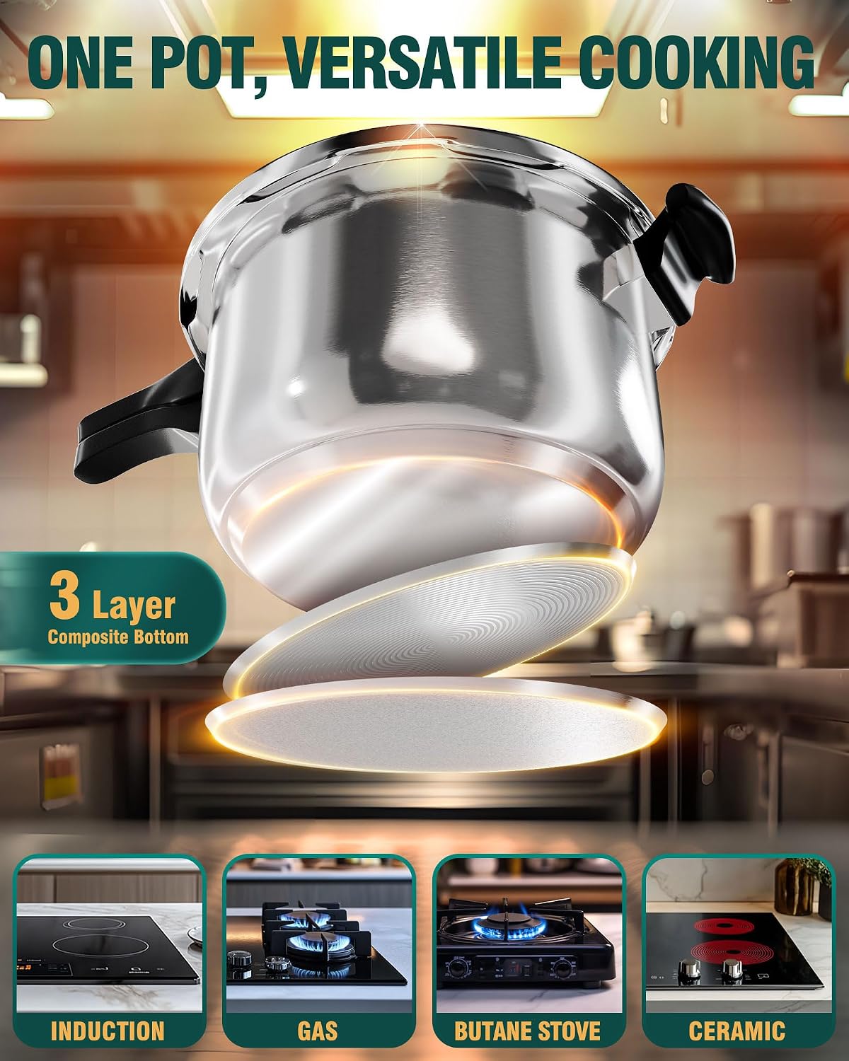 WantJoin Stainless Steel Pressure Cooker(Non-Aluminum),11 Quart Induction Compatible Pressure Cooker with Spring Valve Safeguard Devices,Compatible with Gas & Induction Cooker