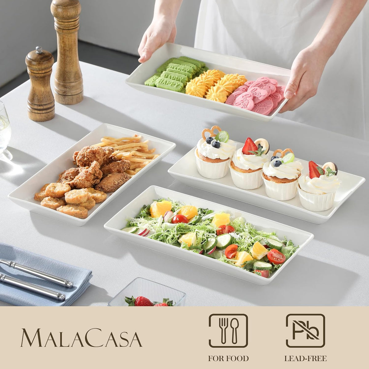 MALACASA Porcelain Serving Platters Set of 4,12 in Rectangular White Trays | 12 Inch Serving Trays and Platters Perfect for Party, Appetizer and Food Serving, Microwave and Dishwasher Safe