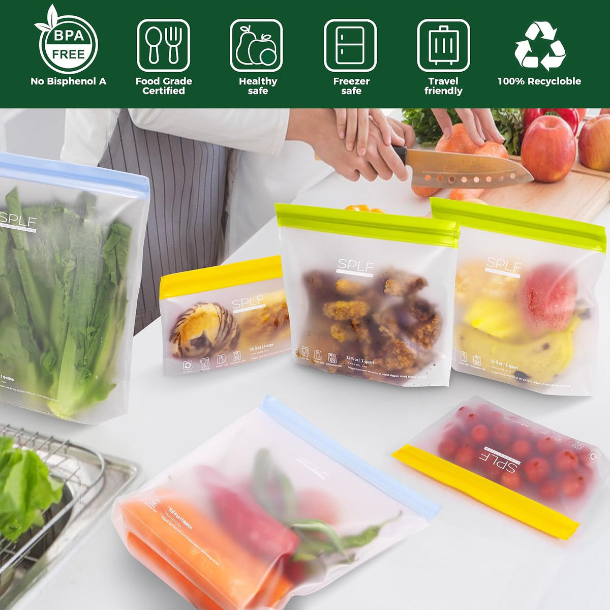 SPLF 10 Pack Stand-Up Reusable Quart Freezer Bags Dishwasher Safe