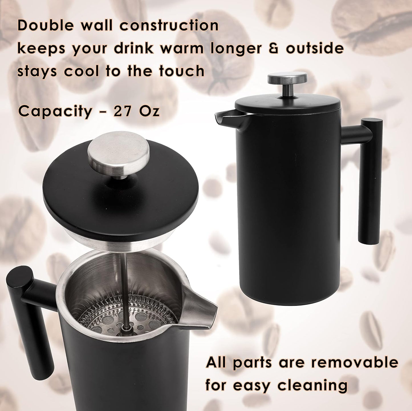 Mixpresso French Press Coffee Maker, 26 Oz Stainless Steel Coffee Press | Double wall insulated stainless steel French Press with durable filter for coffee or loose leaf tea, easy to press and clean