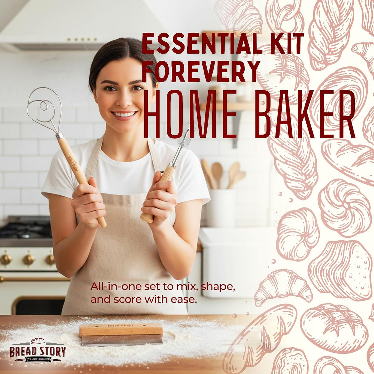 Danish Dough Whisk Set – Wooden Scraper &amp; Lame Scoring Tool | Sourdough Whisk &amp; Mixing Tool Kit | Bread Utensils for Homemade Bread, Pizza, Pastry | Stainless Steel &amp; Wood