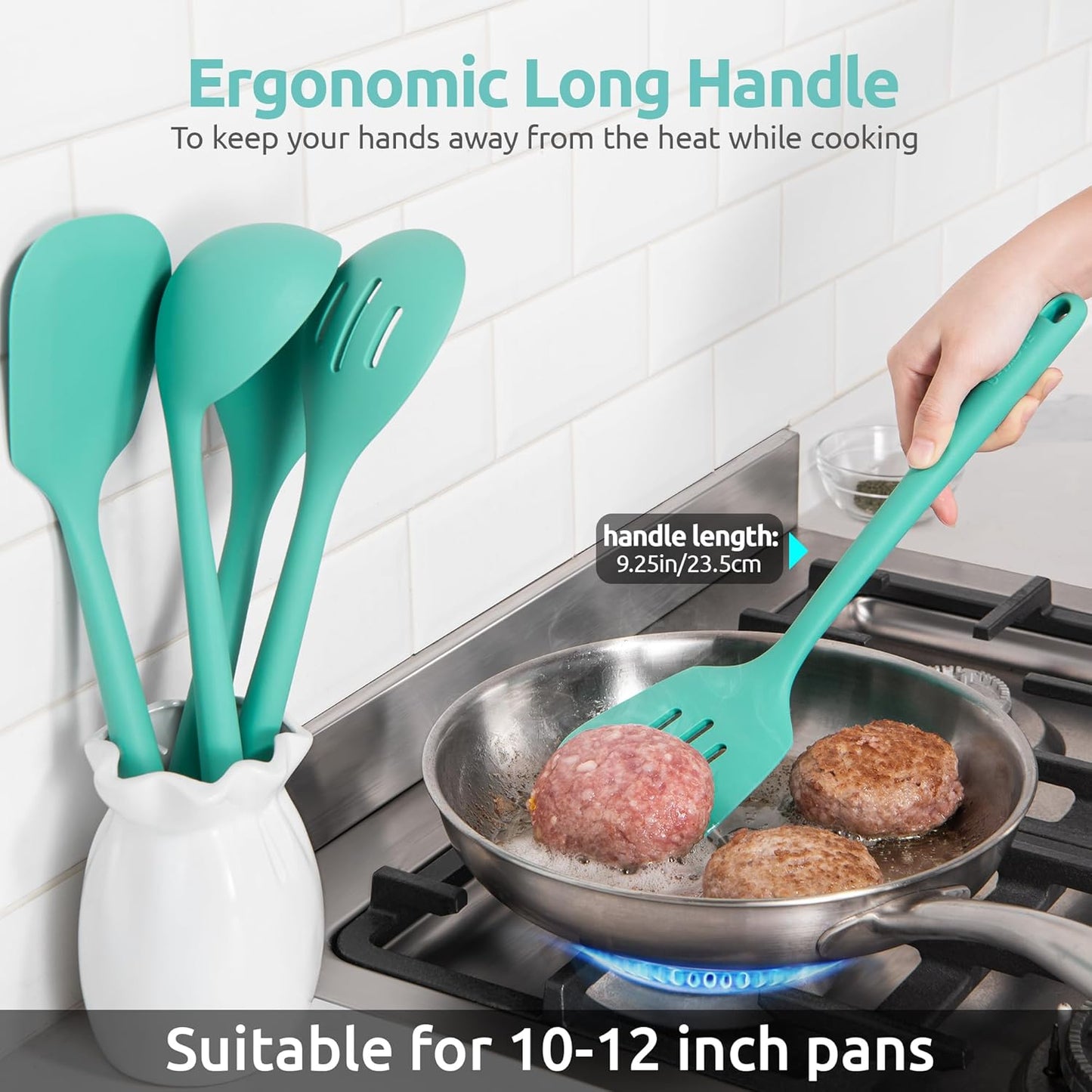 U-Taste Silicone Kitchen Cooking Utensil Set of 5, 13.6" Long, Aqua Sky | 600ºF Heat Resistant Food Grade Kitchen Tools&amp;Gadgets, Extra Long Wide Spatula Turner Spoon Ladle for Serving Mixing Stirring
