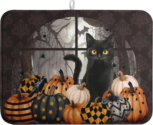 Halloween Black Cat Dish Drying Mat Fall Halloween Pumpkins Large Kitchen Mats Dish Drying Pad Absorbent Dish Dryer Mat for