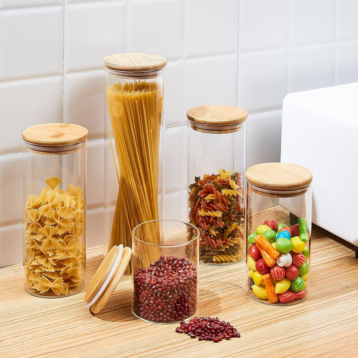 17oz Glass Food Storage Jars, Glass Jars with Bamboo Lids, Kitchen Storage Jars, Set of 12, Canisters with Airtight Lids for Spice, Coffee, Cookie, Pantry Organizers