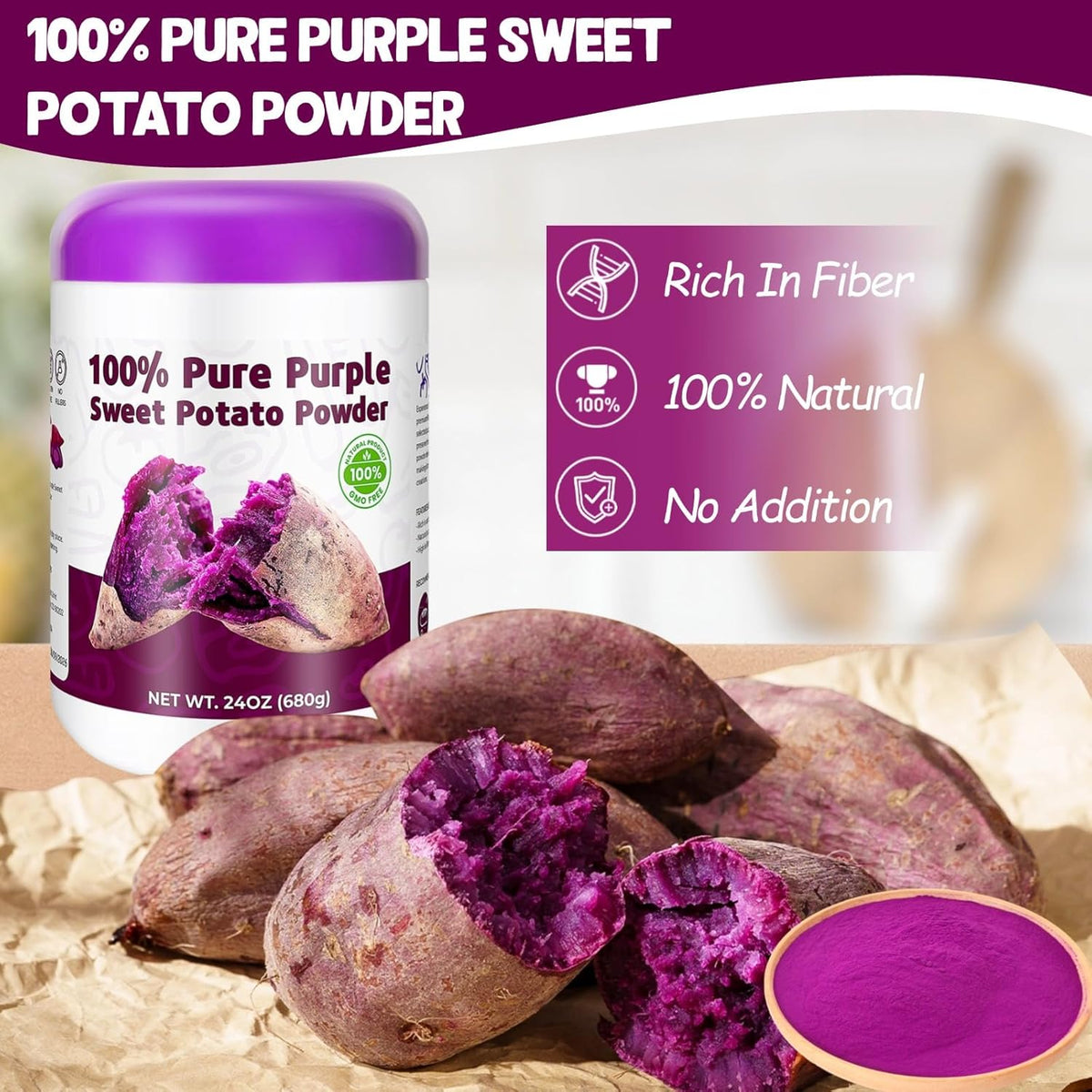 24oz Pure Purple Sweet Potato Powder, 100% Natural Food Coloring for Baking