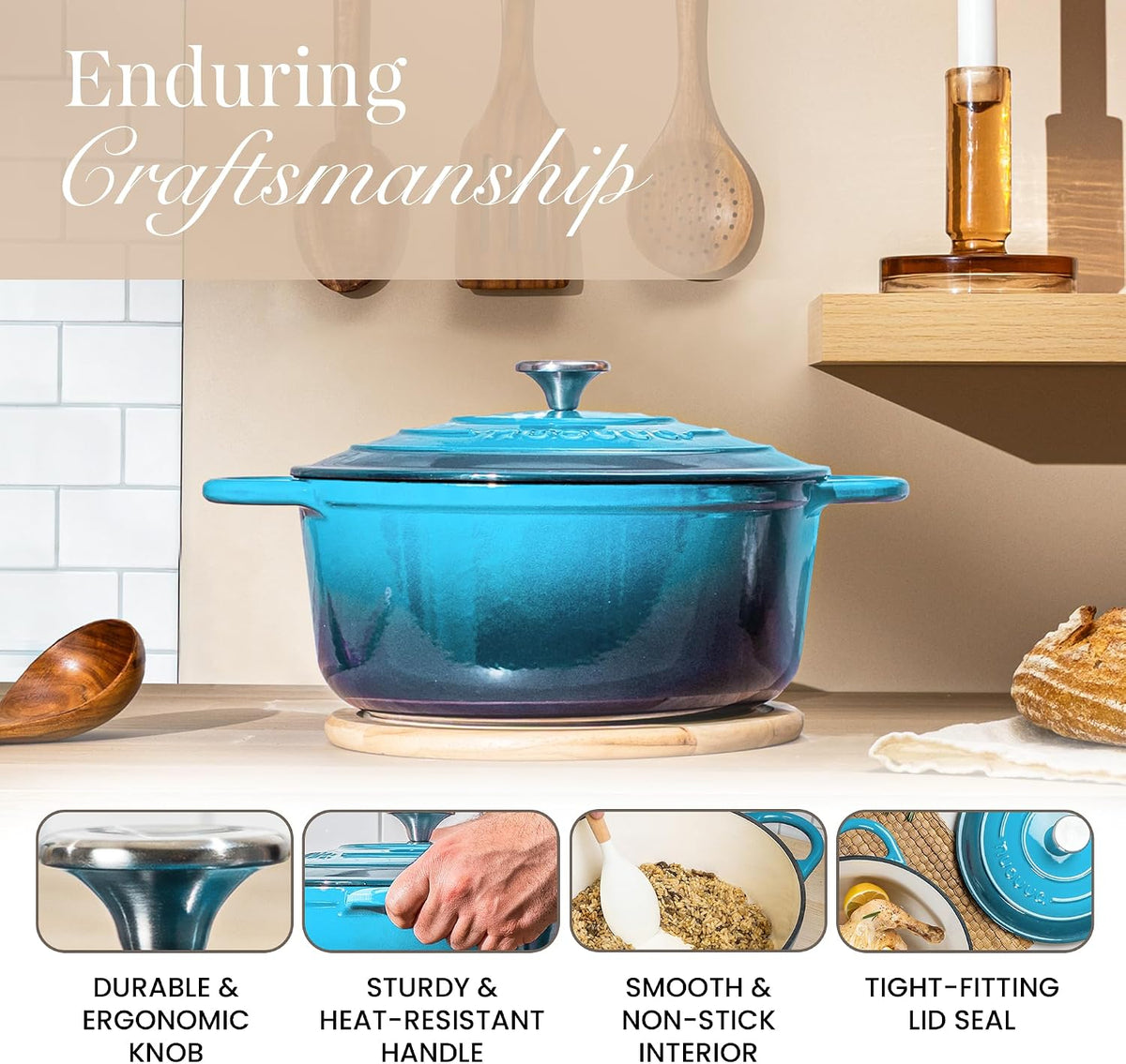 Cast Iron Pot with Lid – Non-Stick Ovenproof Enamelled Casserole Pot, Oven Safe up to 500° F – Sturdy Dutch Oven Cookware – Blue, 5-Quart, 24cm – by Nuovva