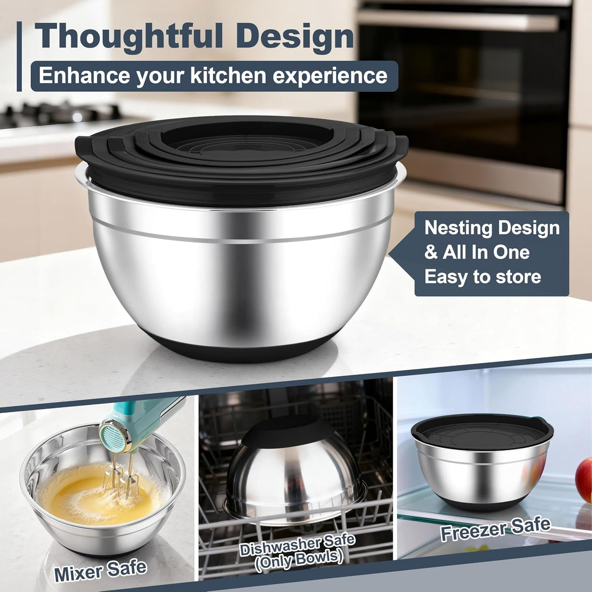 TeamFar Mixing Bowls, Stainless Steel Salad Bowls with Lids - Black | Nesting Bowls with Non-slip Bottom, for Kitchen Baking Preparing Serving, Stackable &amp; 6PCS - 4.6 /2.6 /2 / 1.5 /1 / 0.7 Qt
