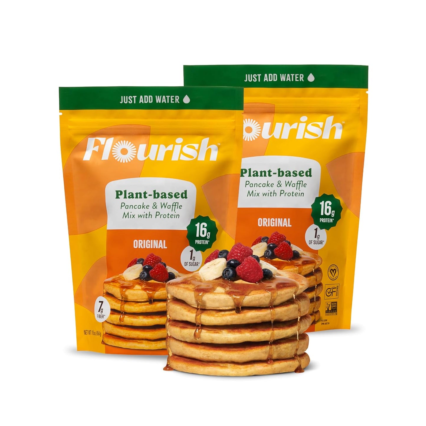Flourish Plant-Based Protein Pancake &amp; Waffle Mix, Gluten-Free, Dairy-Free, Nut-Free, Soy-Free, Vegan, Non-GMO, All-Natural Superfood, High Protein &amp; Fiber, Just Add Water - Original, 430 g (2 Pack)