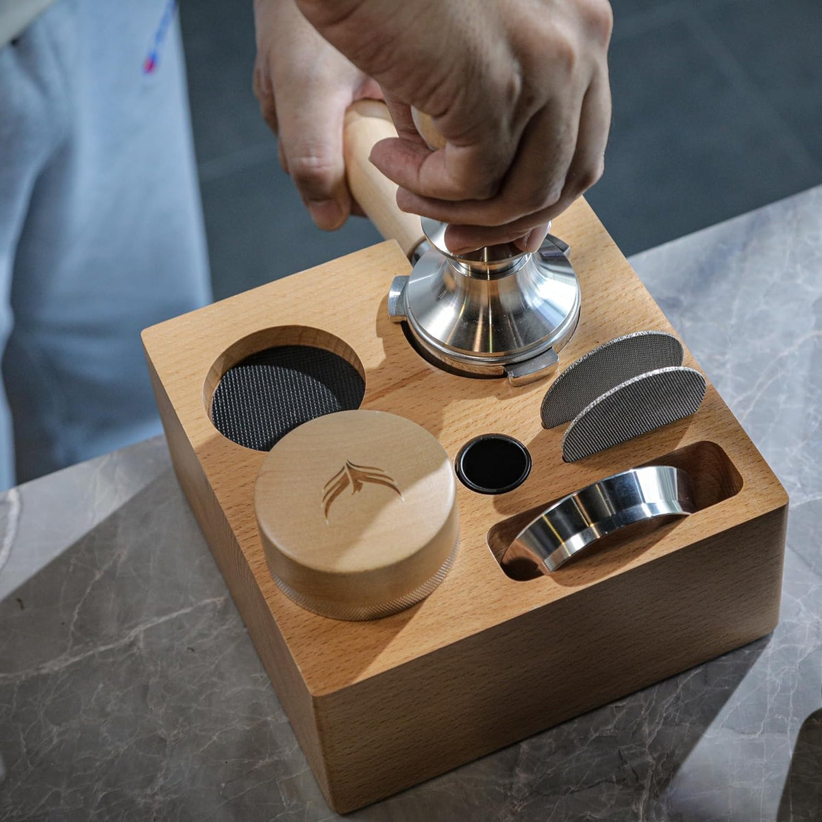 58mm Espresso Tamping Station Compact Portafilter Stand and Coffee Accessories Organizer for Espresso Machines with Tamper Holder, Distributor Slot, and Multi-Accessory Storage