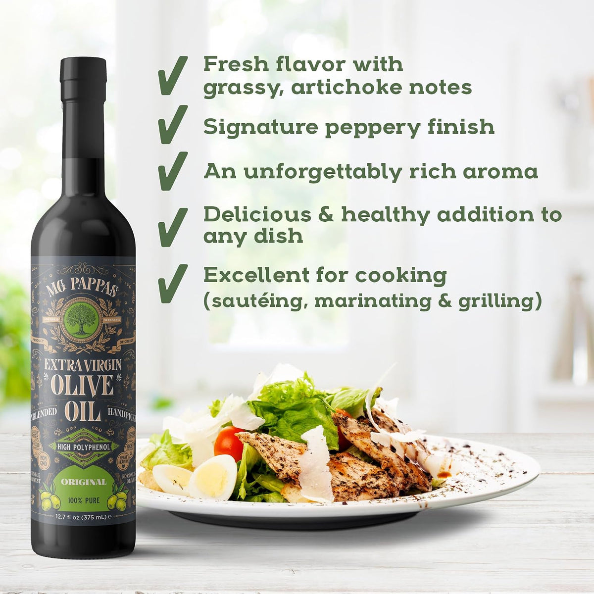 M.G. Pappas Extra Virgin Olive Oil, High Polyphenol EVOO - Cold Pressed &amp; Unfiltered Greek Olive Oil - Over 500mg/kg Polyphenols with High Hydroxytyrosol - Award-Winning Organic Quality - 12.7oz (375ml) Bottle