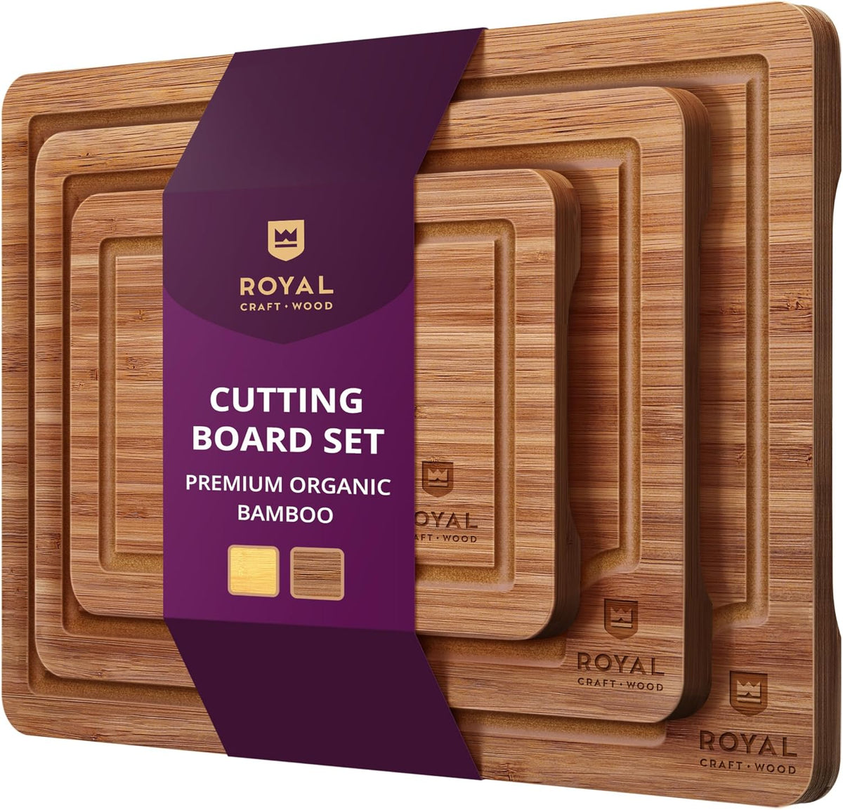 ROYAL CRAFT WOOD Wooden Cutting Boards for Kitchen Meal Prep & Serving - Bamboo Wood Serving Board Set with Deep Juice Groove Side Handles - Charcuterie & Chopping Butcher Block for Meat (3 Pcs)