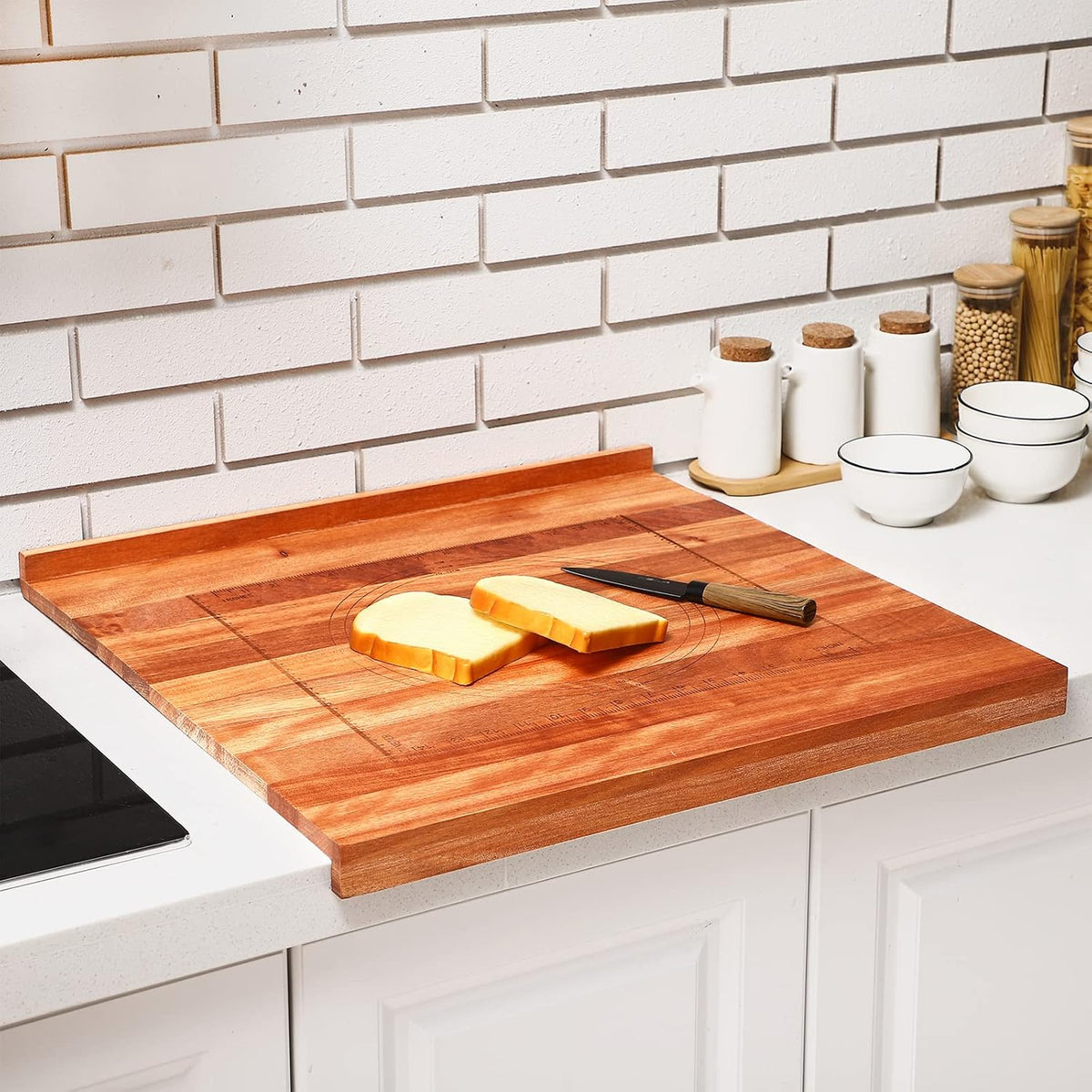 Vesici Walnut Pastry Board with Lip for Rolling Dough 24" x 22.8" x 1.5" Large Wooden Cutting Chopping Kneading Board with Engraved Measurements for Counter Tabletop Kitchen