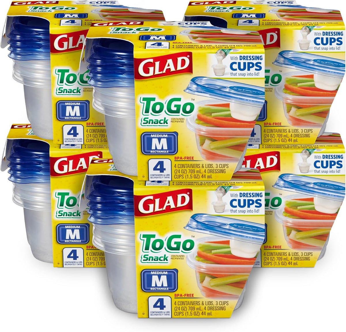 Glad GladWare To Go Containers with Dressing Cup, 32 Oz, 4 Count, 6 Pack