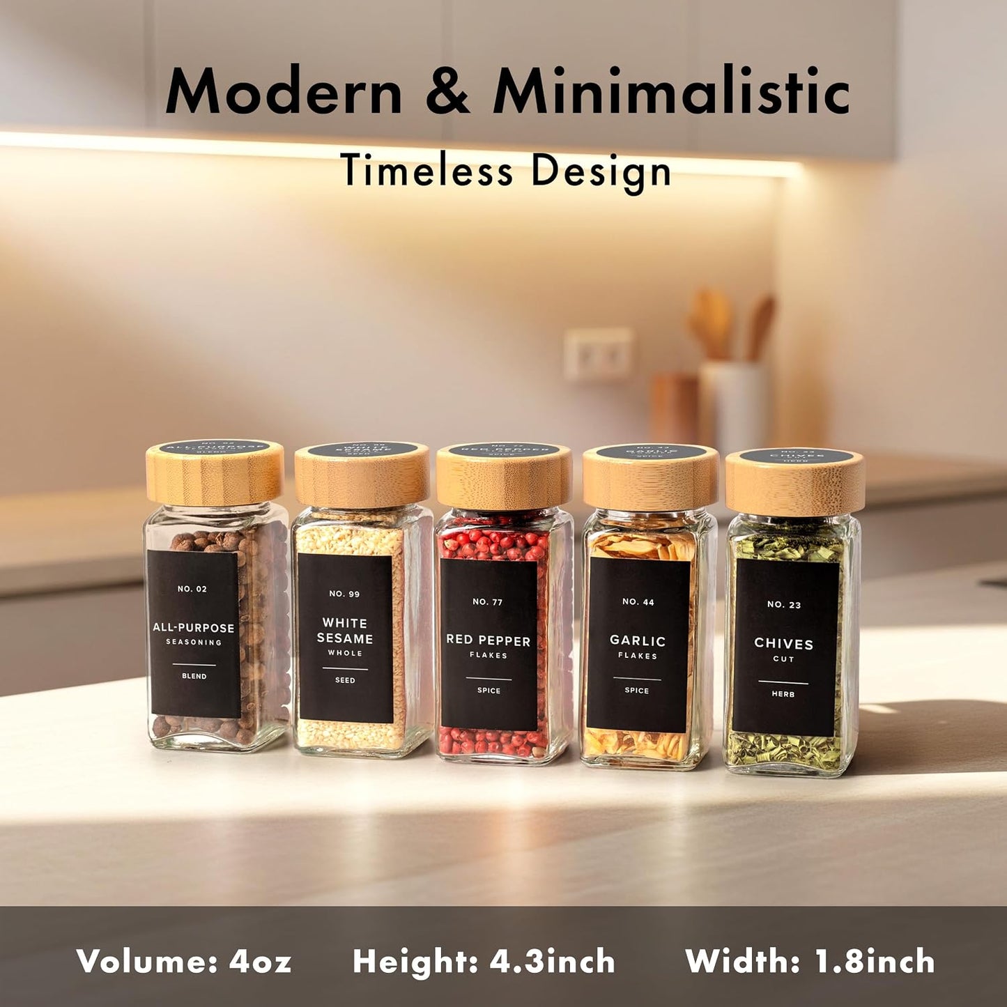 EDELHAUS Glass Spice Jars with Label, 24x Bamboo Wooden Lids - Black Labels | Airtight Lids keep spices fresh, Kitchen Spice Drawer Organizer, 4oz Seasoning Containers incl. Funnel, Brush &amp; 240 Labels