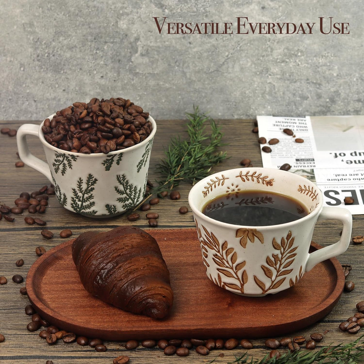 Ceramic Coffee Mug, 12 oz Novelty Unique Teacup with Large Handle, Stoneware Cup for Tea Mocha Latte Cappuccino Espresso (Ivy)