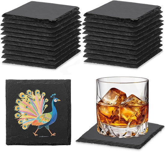 24 PCS Slate Coasters Black Square 4 Inch Bulk Rock, Blank Laser Engraving, Scratch Resistant Bottom, Home Office Kitchen