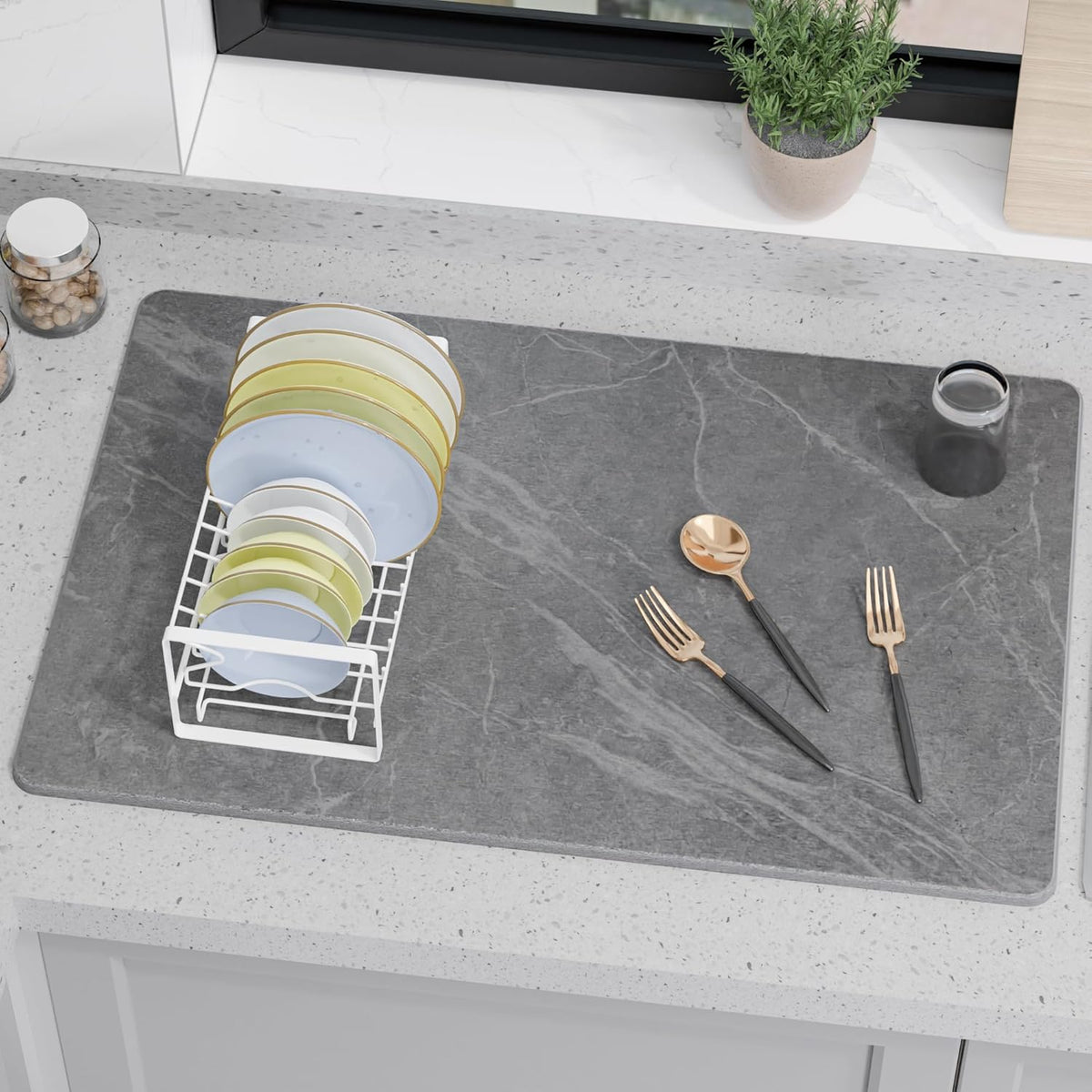 Large Stone Drying Mat for Kitchen Counter, 24" × 16" Diatomite Dish Drying Mat, Quick Dry Stone Mats, Ultra Absorbent Natural Diatomaceous Earth Mats for Dished, Bottles, Black Marble