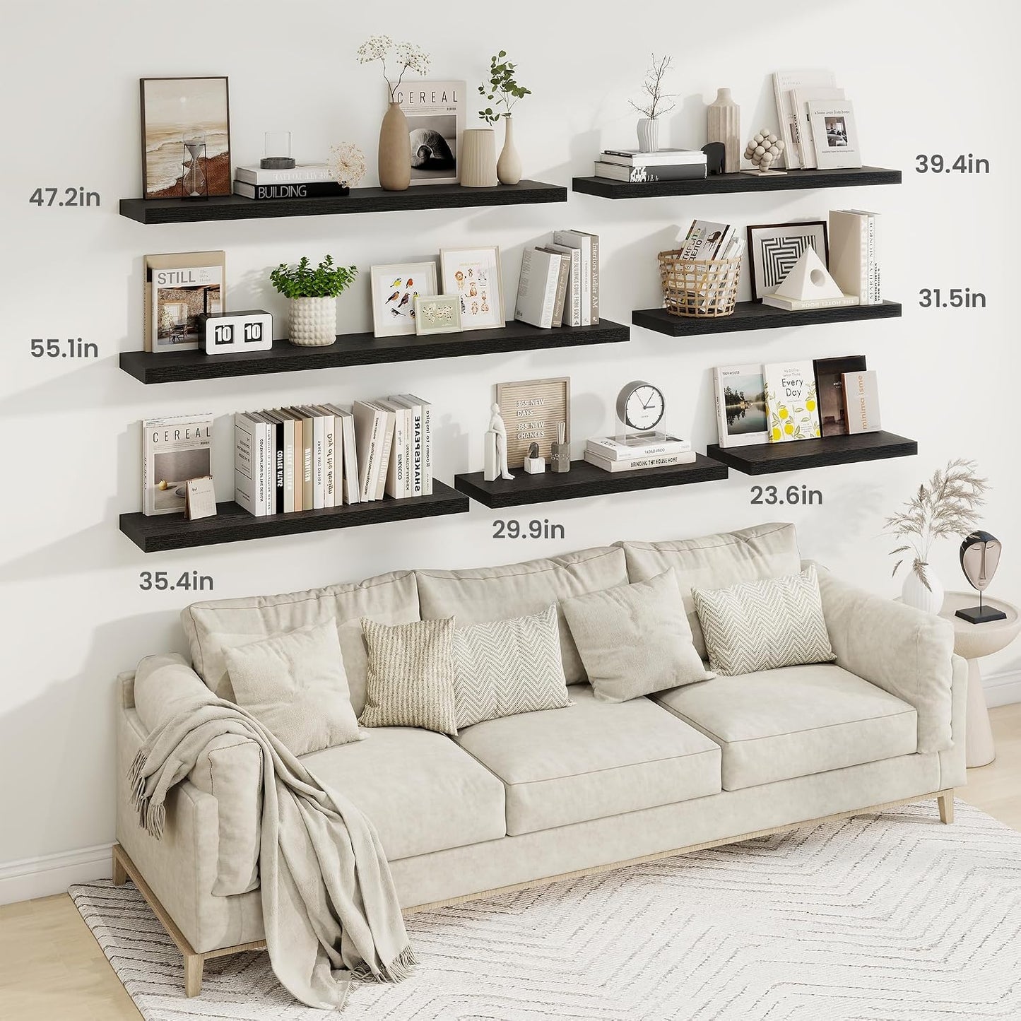 Fun Memories 48 Inch Black Floating Shelves, 9.3 Inch Deep Wall Shelves for Living Room|Bedroom|Kitchen, Rusitc Wall Mounted Bathroom Shelves 2 Pack, Heavy-Duty Deep Shelf for Books，Decor