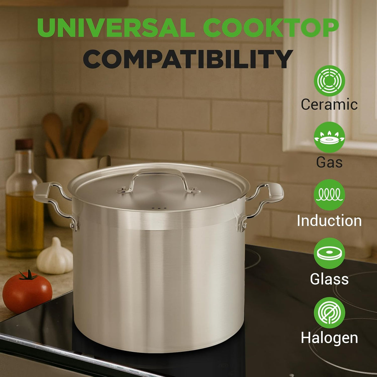 NutriChef 16-Quart Stainless Steel Stockpot - 18/8 Food Grade Heavy Duty Large Stock Pot for Stew, Simmering, Soup, Includes Lid, Dishwasher Safe, Works w/Induction, Ceramic & Halogen Cooktops