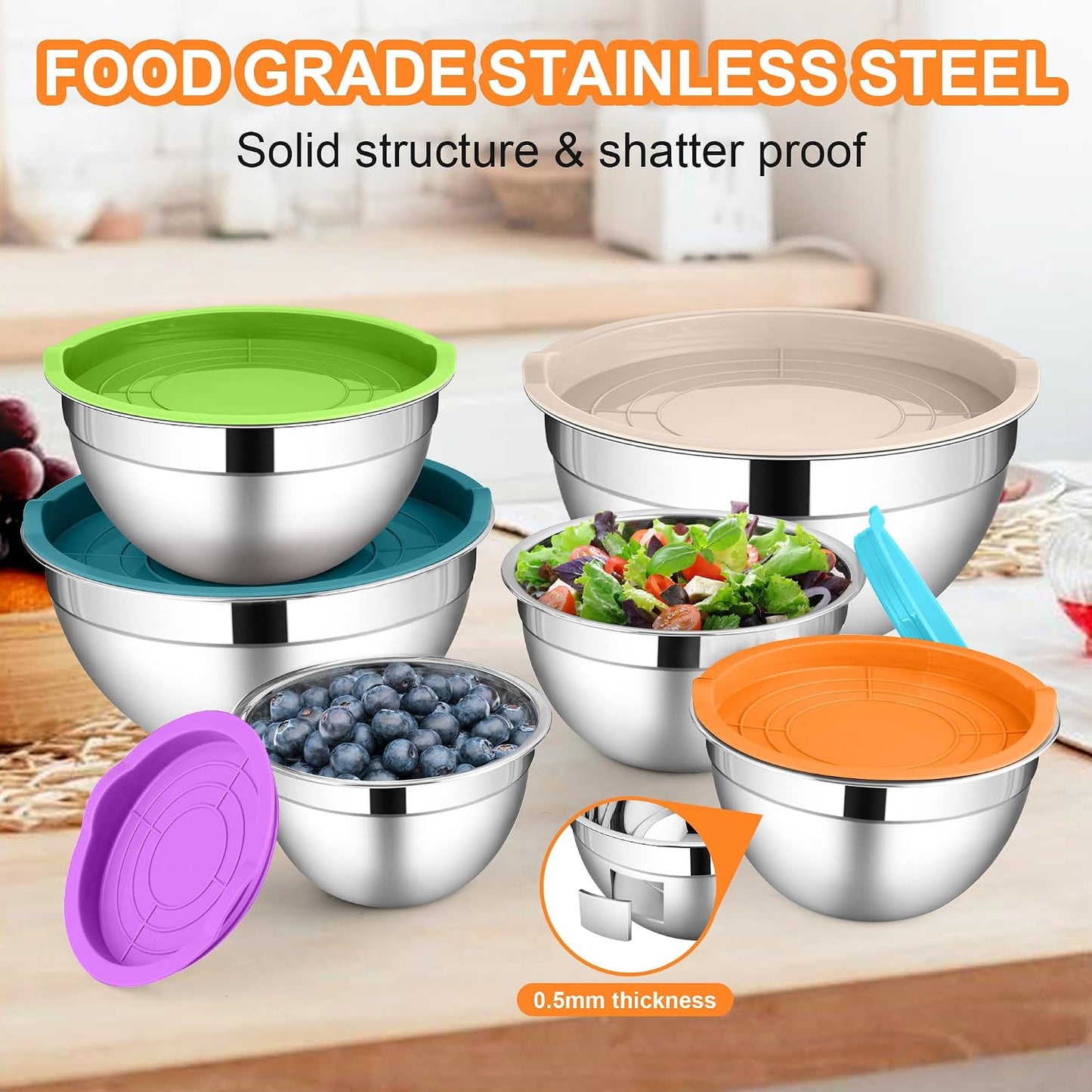 LIANYU Mixing Bowls with Lids Set, Large 7 &amp; 3.5 &amp; 2.5 &amp; 2 &amp; 1.5 &amp; 1QT | 6 Piece Stainless Steel Serving Bowls, Kitchen Metal Nesting Bowl for Cooking, Food Storage, Dishwasher Safe, Multi-Color