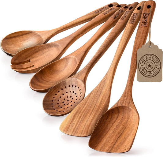 Boxiki Kitchen Luxury Teak Wood Utensil Set - Elegant 6-Piece Cooking Ensemble Including Spoons, Server, Scraper & Spatula -