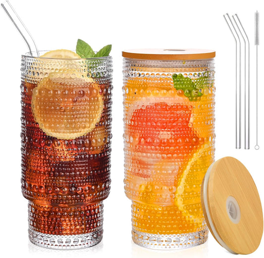 16OZ Glass Tumbler with Straw and Lid,Glass Cups with Lids and Straws,Ribbed Iced Coffee Cups Vintage Embossed Glassware for
