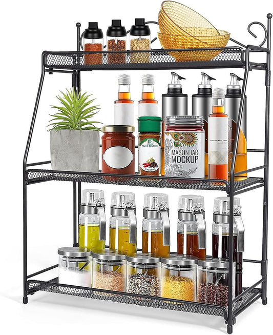 Uten Standing Spice Rack 3 Tier Metal Foldable and Durable Kitchen Rack for Countertop Kitchen Bathroom, Shelf Organizer,