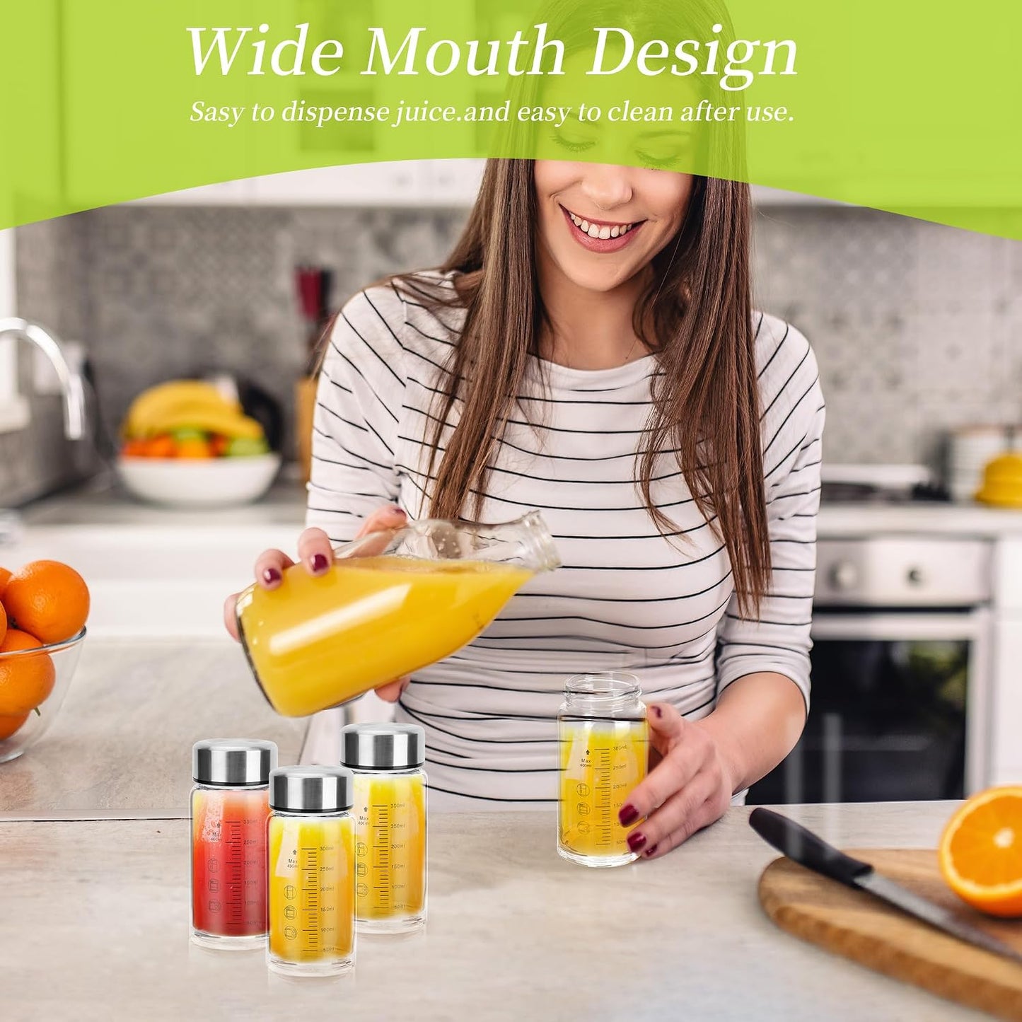 souG 4 Pack 14oz Juice Bottles，Wide Mouth Glass Water Bottles with Lids - for Juicing, Smoothies, Milk, Protein, BPA Free, Reusable, Stainless Steel Lids, Leak Proof, Shaker bottle (14oz/400ml)